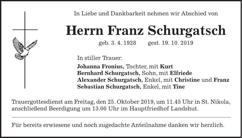Traueranzeige Franz Schurgatsch