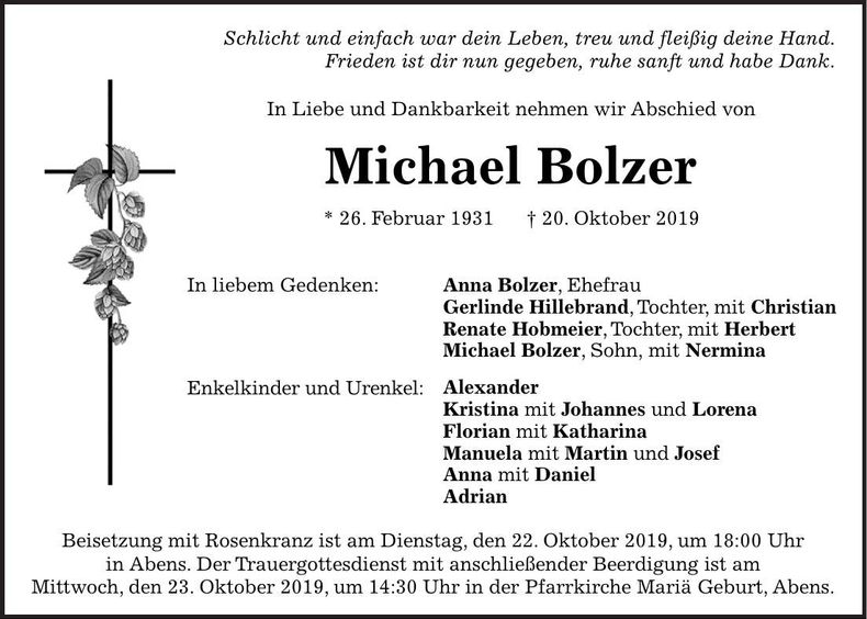 Traueranzeige Michael Bolzer