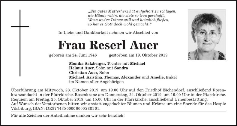 Traueranzeige Reserl Auer