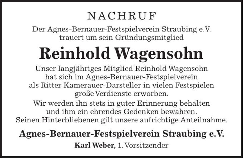 Traueranzeige Reinhold Wagensohn