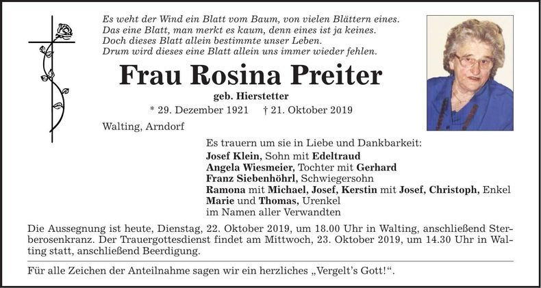 Traueranzeige Rosina Preiter
