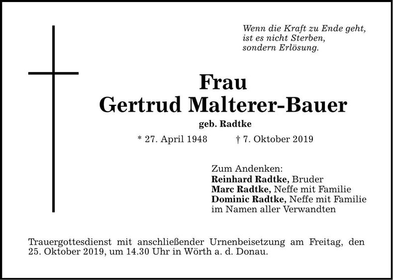 Traueranzeige Gertrud Malterer-Bauer