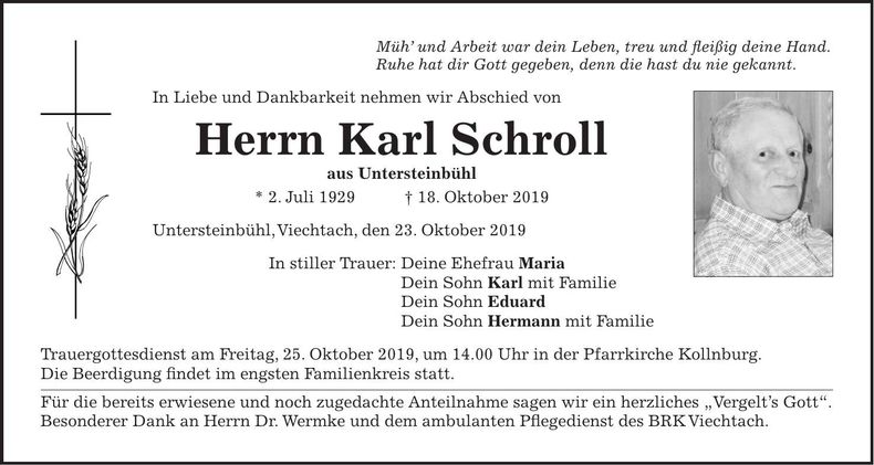 Traueranzeige Karl Schroll