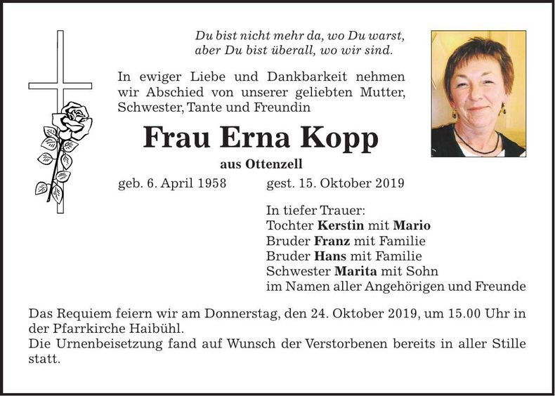 Traueranzeige Erna Kopp