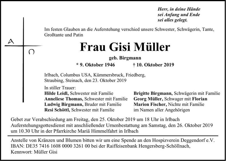 Traueranzeige Gisi Müller