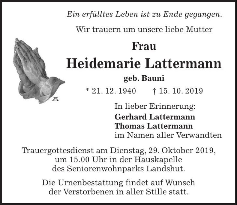 Traueranzeige Heidemarie Lattermann