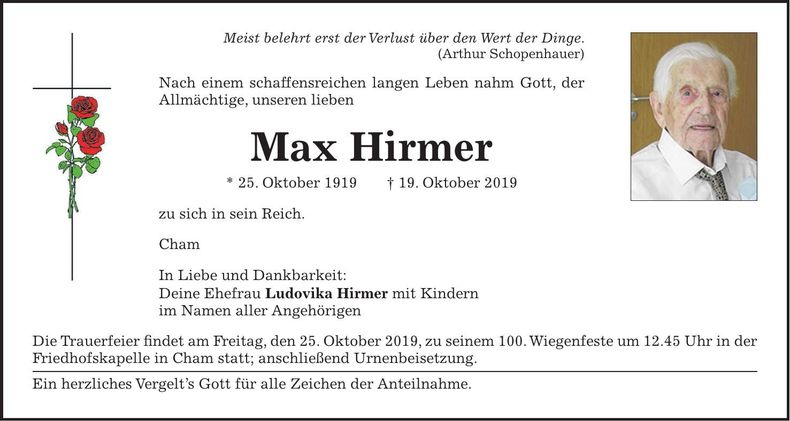 Traueranzeige Max Hirmer