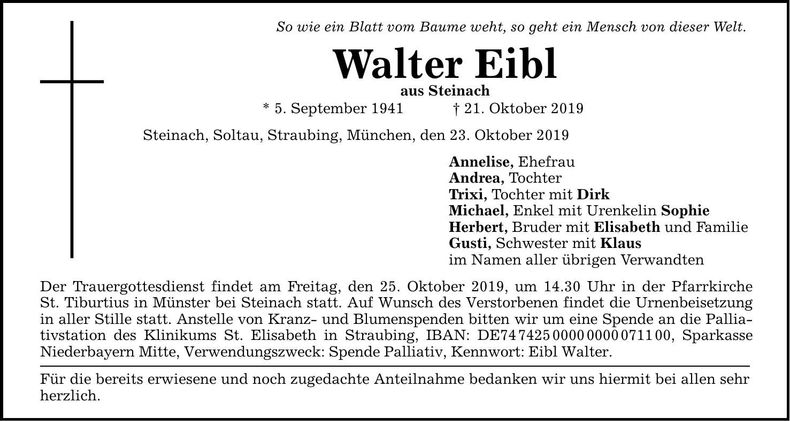 Traueranzeige Walter Eibl