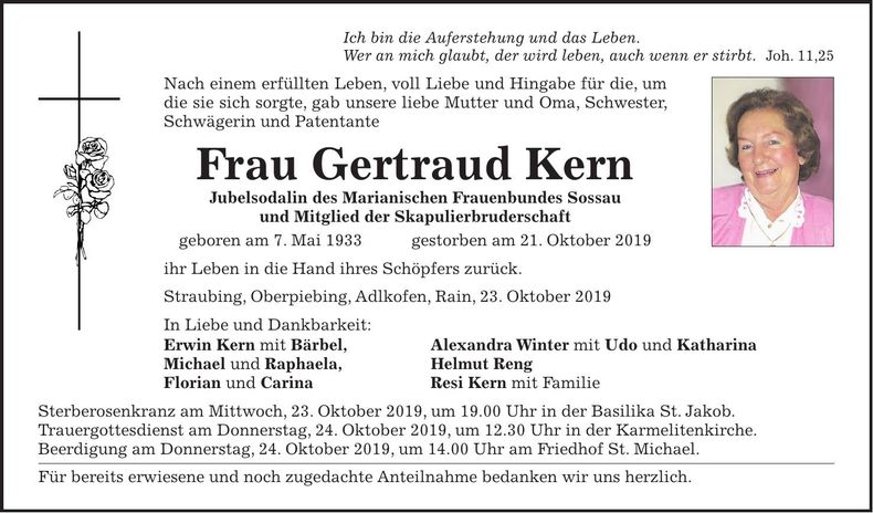Traueranzeige Gertraud Kern