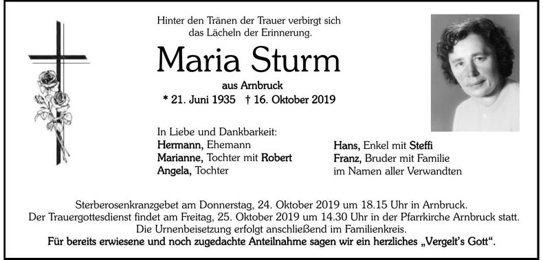 Traueranzeige Maria Sturm