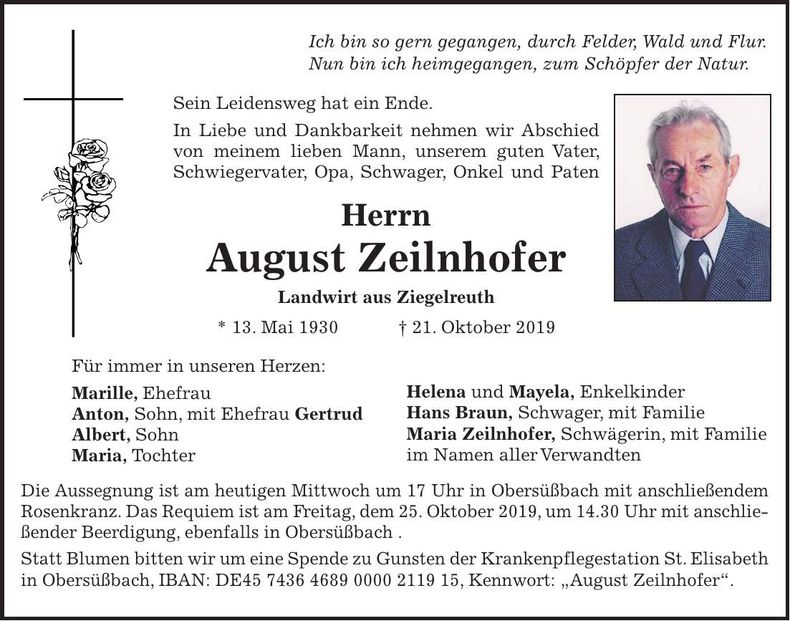 Traueranzeige August Zeilnhofer