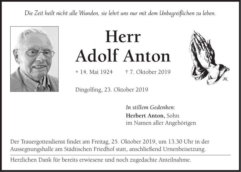 Traueranzeige Adolf Anton
