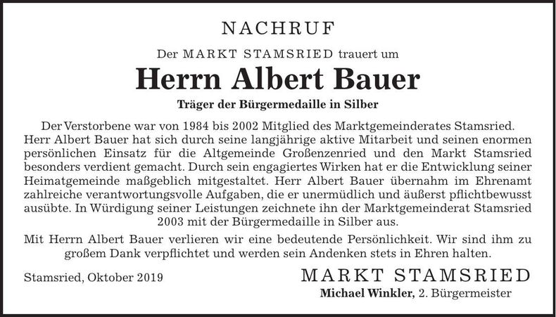 Traueranzeige Albert Bauer