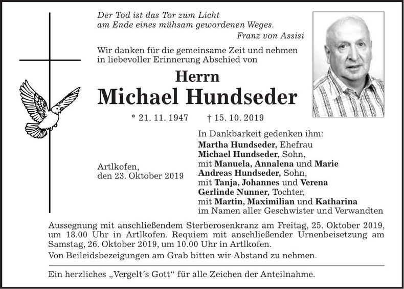 Traueranzeige Michael Hundseder