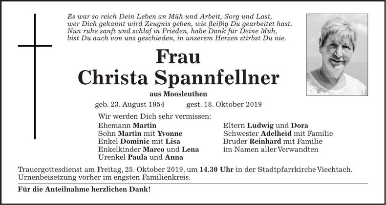 Traueranzeige Spannfellner Christa