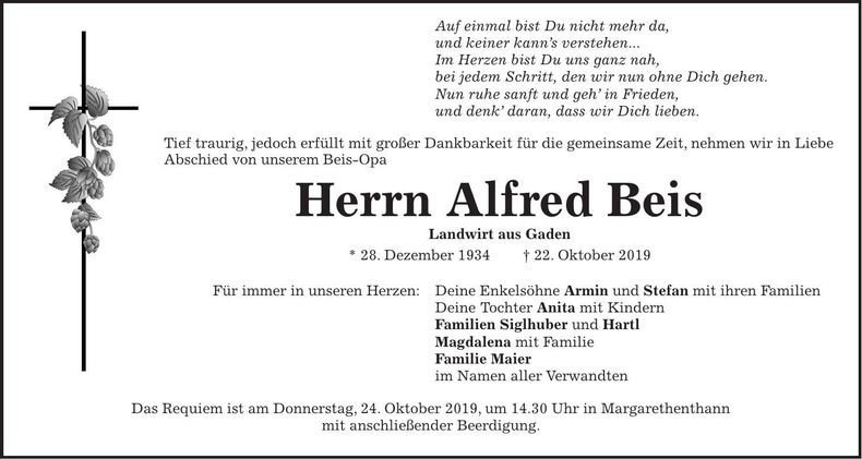 Traueranzeige Alfred Beis
