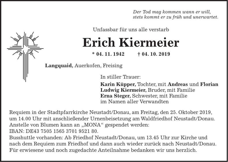 Traueranzeige Erich Kiermeier