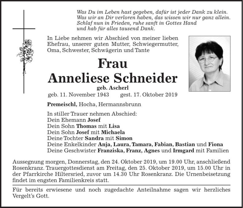 Traueranzeige Anneliese Schneider