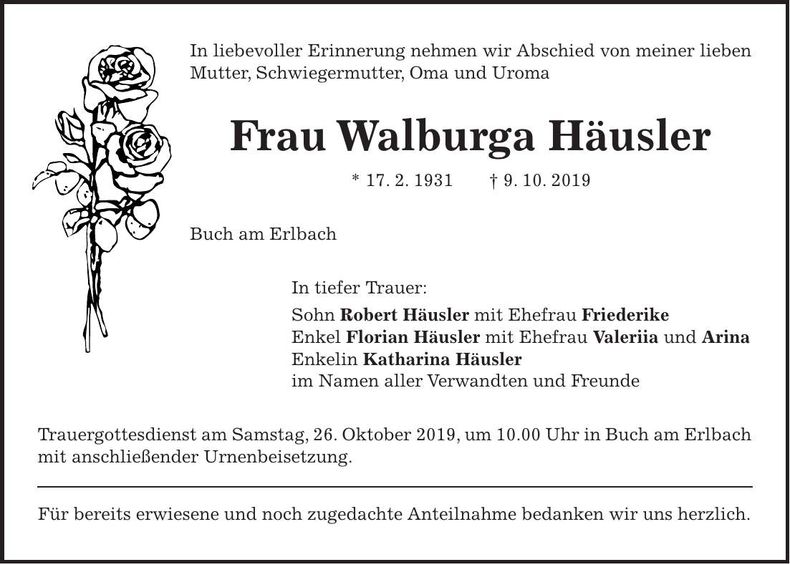 Traueranzeige Walburg Häusler