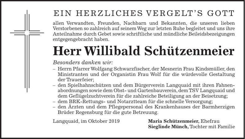 Traueranzeige Willibald Schützenmeier