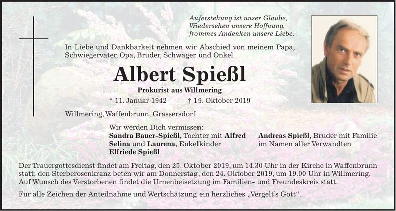 Traueranzeige Albert Spießl