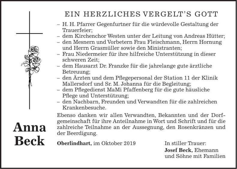 Traueranzeige Anna Beck