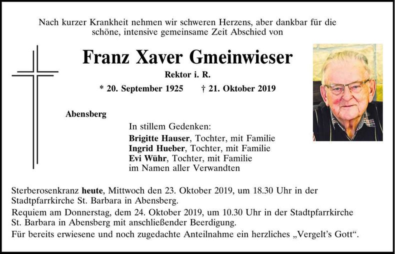 Traueranzeige Xaver Geminwieser