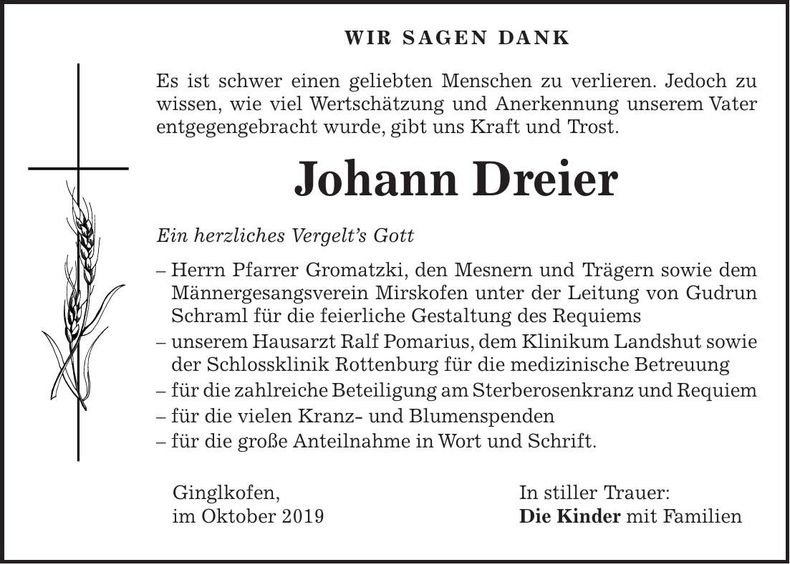 Traueranzeige Johann Dreier