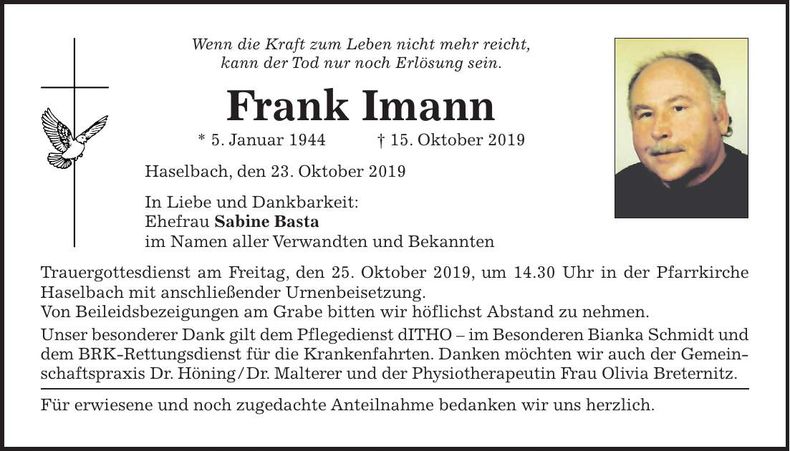 Traueranzeige Frank Imann