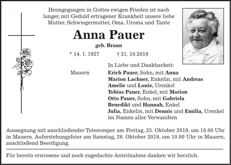 Traueranzeige Anna Pauer