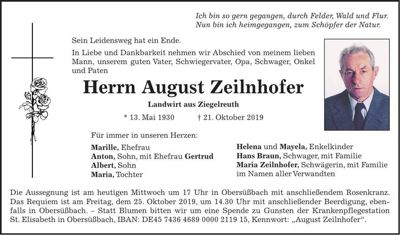 Traueranzeige August Zeilnhofer