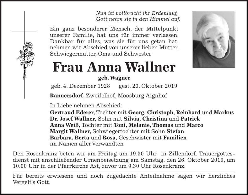 Traueranzeige Anna Wallner