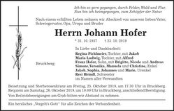 Traueranzeige Johann Hofer