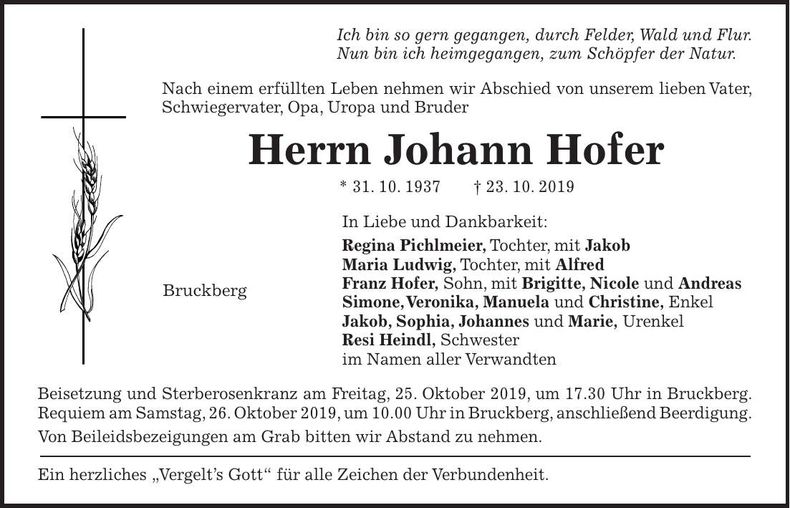 Traueranzeige Johann Hofer