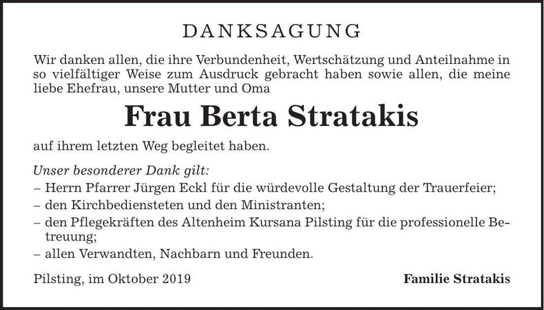 Traueranzeige Berta Stratakis