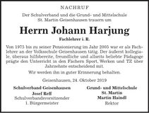 Traueranzeige Johann Harjung