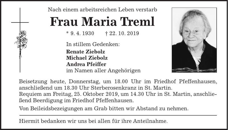 Traueranzeige Maria Treml