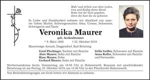 Traueranzeige Veronika Maurer