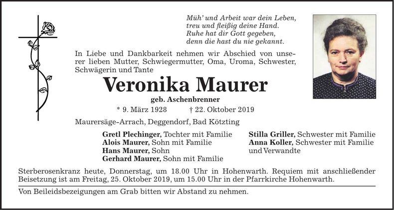 Traueranzeige Veronika Maurer