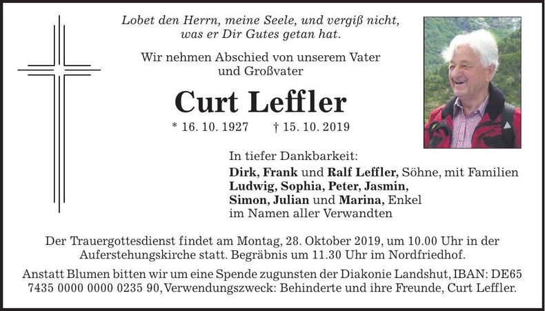 Traueranzeige Curt Leffler