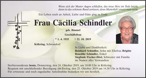 Traueranzeige Cäcilia Schindler
