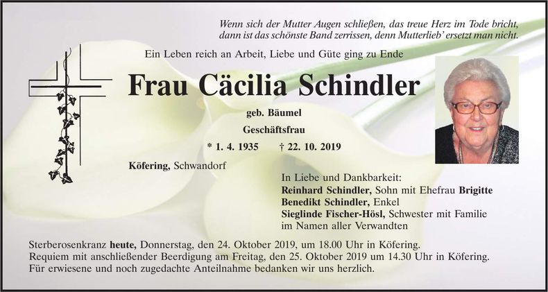 Traueranzeige Cäcilia Schindler