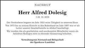 Traueranzeige Alfred Dolesig