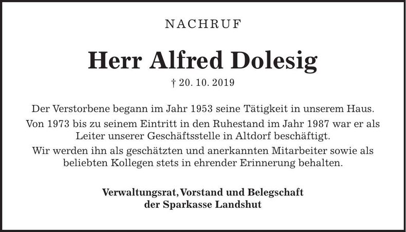 Traueranzeige Alfred Dolesig