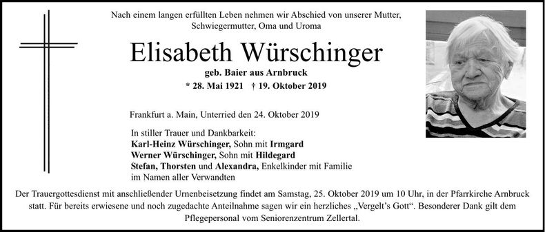 Traueranzeige Elisabeth Würschinger