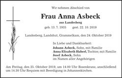 Traueranzeige Anna Asbeck
