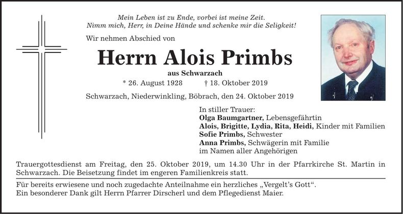 Traueranzeige Alois Primbs