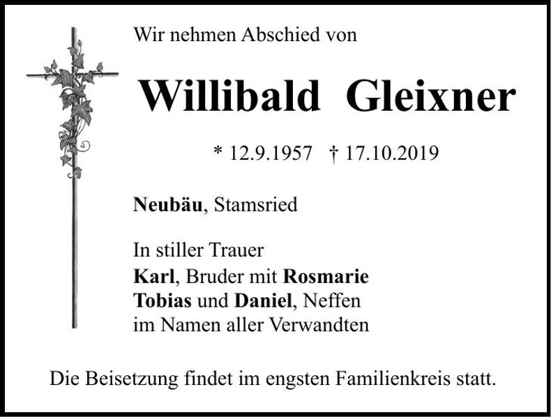 Traueranzeige Willibald Gleixner