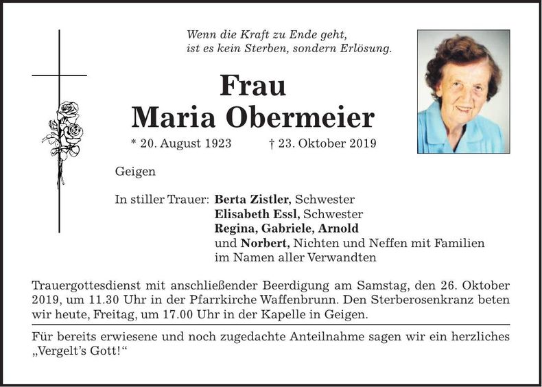 Traueranzeige Maria Obermeier