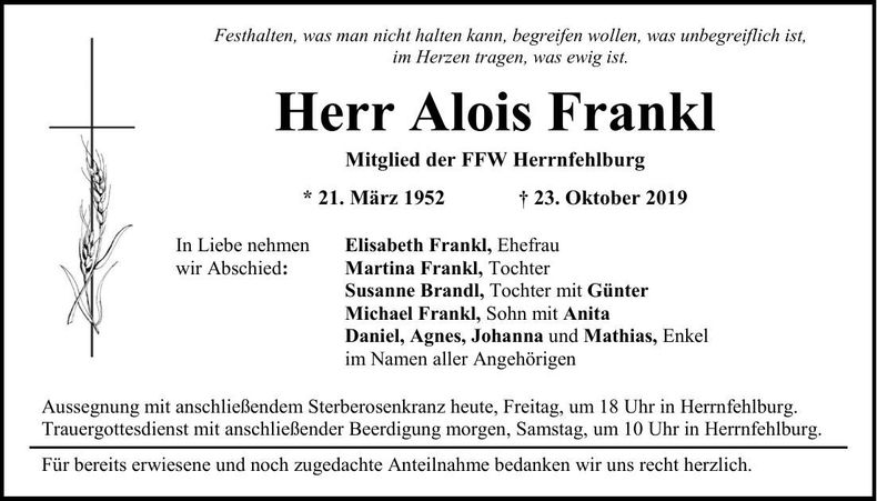 Traueranzeige Alois Frankl